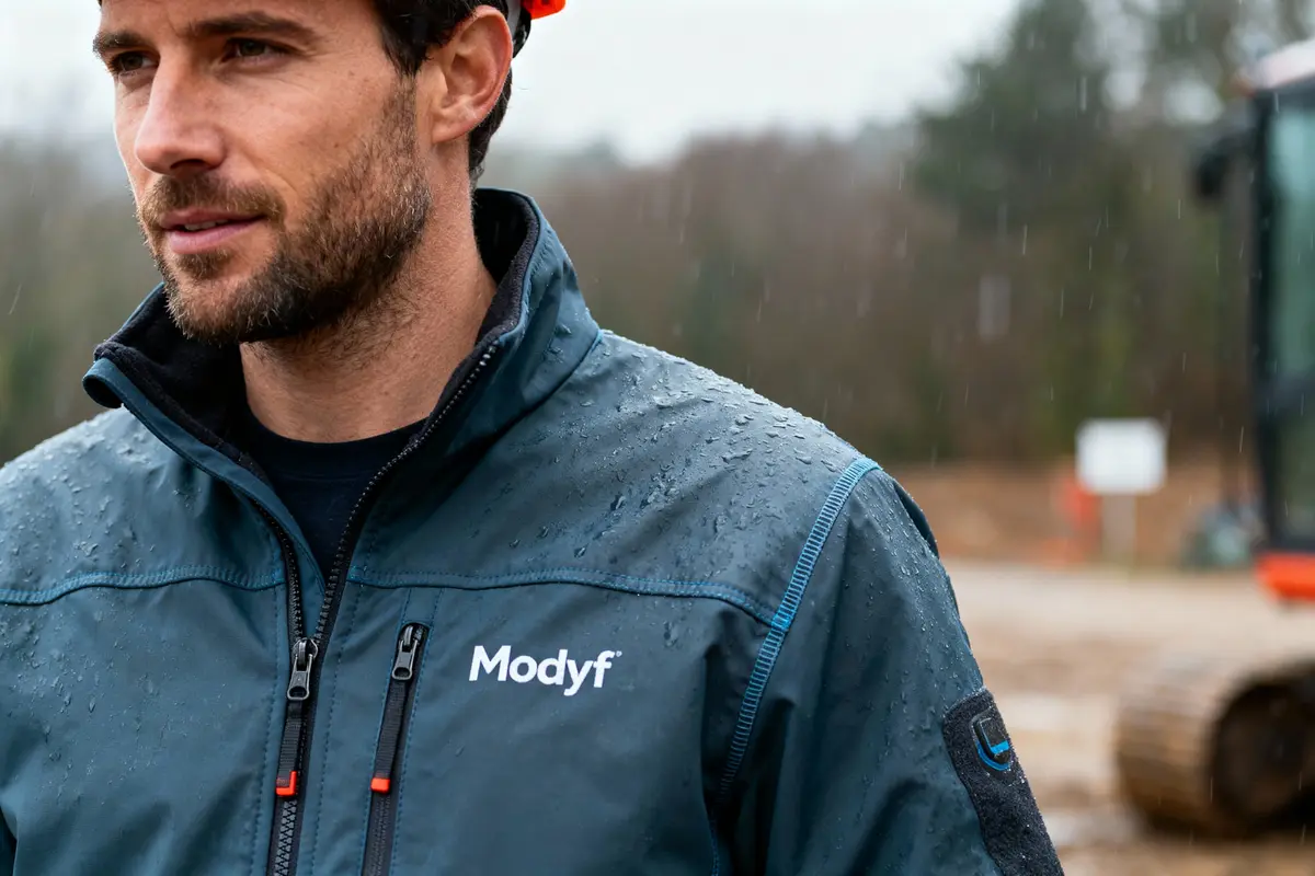 Homme en veste imperméable Modyf sous la pluie, regardant au loin, sur un chantier extérieur.