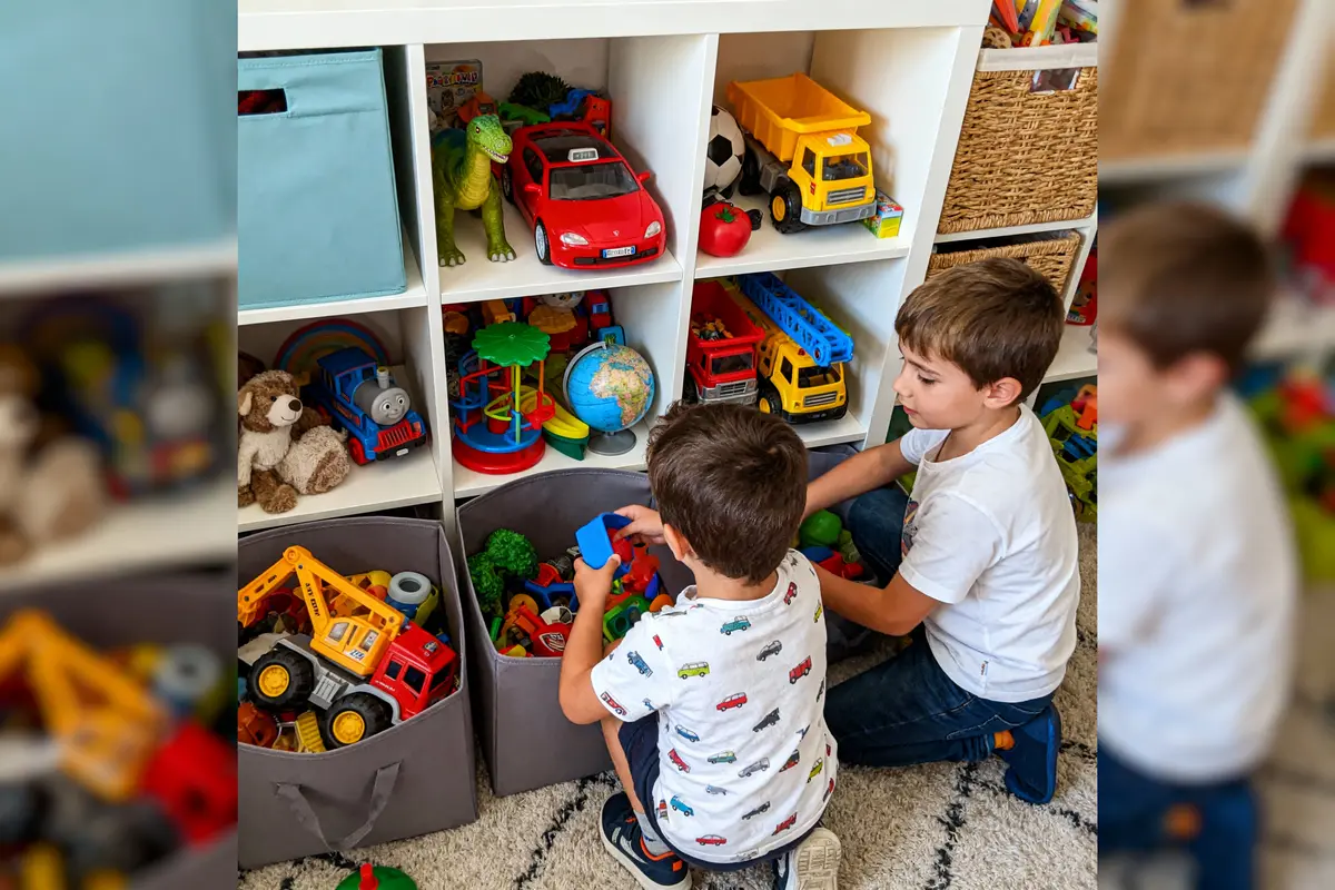 Deux enfants jouent avec des jouets colorés dans une chambre bien rangée, près d'étagères blanches pleines de jouets.