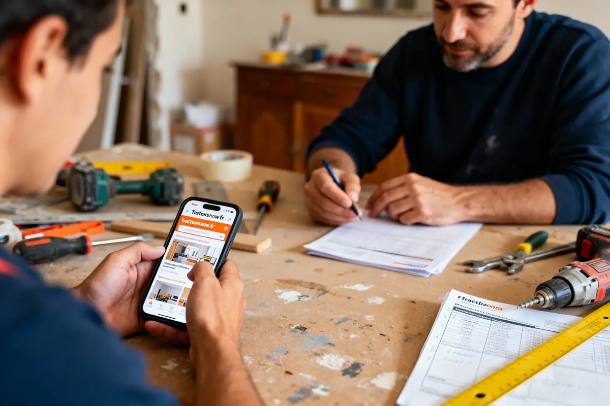 Deux hommes bricolent, l'un consulte un site sur smartphone, l'autre écrit sur des documents. Outils visibles.