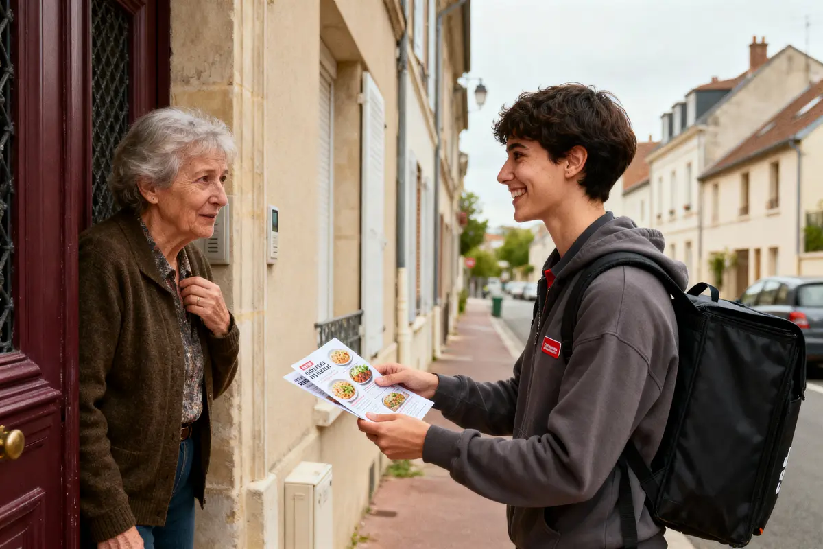 Un jeune homme souriant livre une brochure à une femme âgée à sa porte, dans une rue résidentielle.