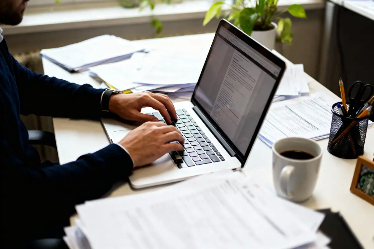 Personne tapant sur un ordinateur portable, entourée de documents, plante verte, tasse de café et fournitures de bureau.