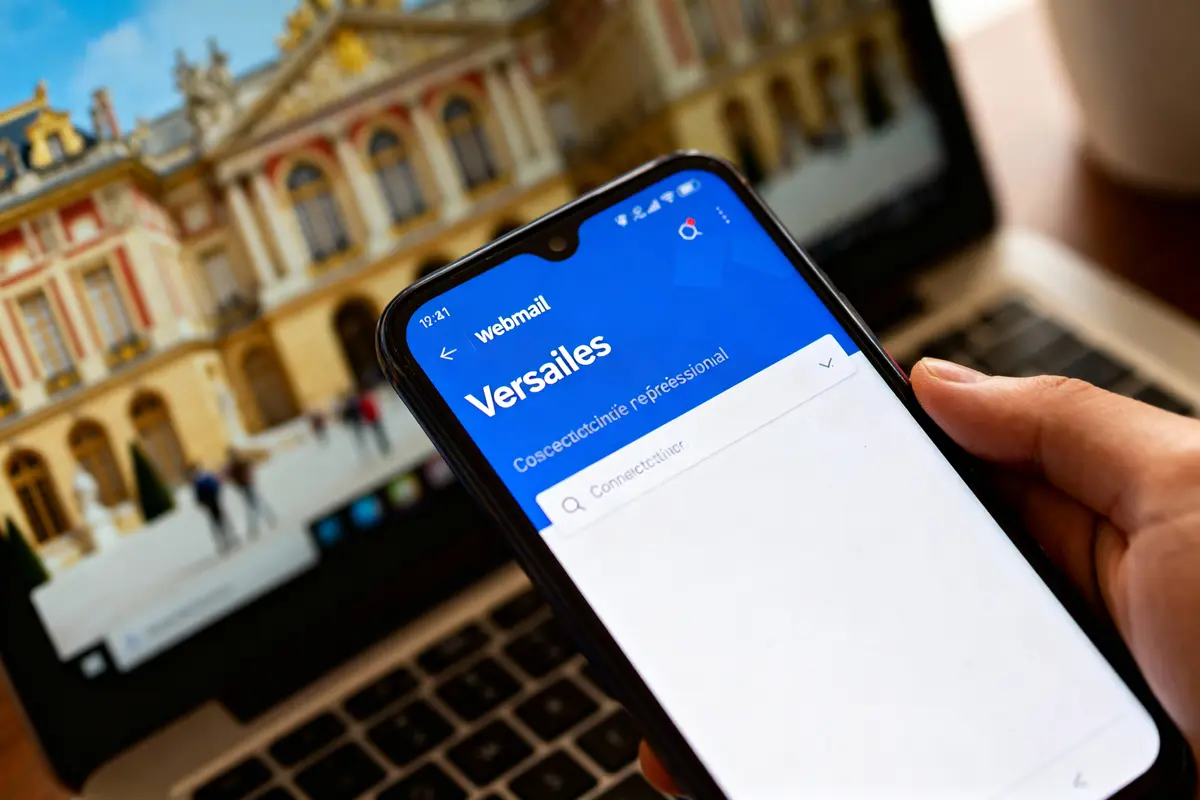 Smartphone affichant "Versailles" sur webmail, devant un ordinateur portable avec une image floue du Palais de Versailles.