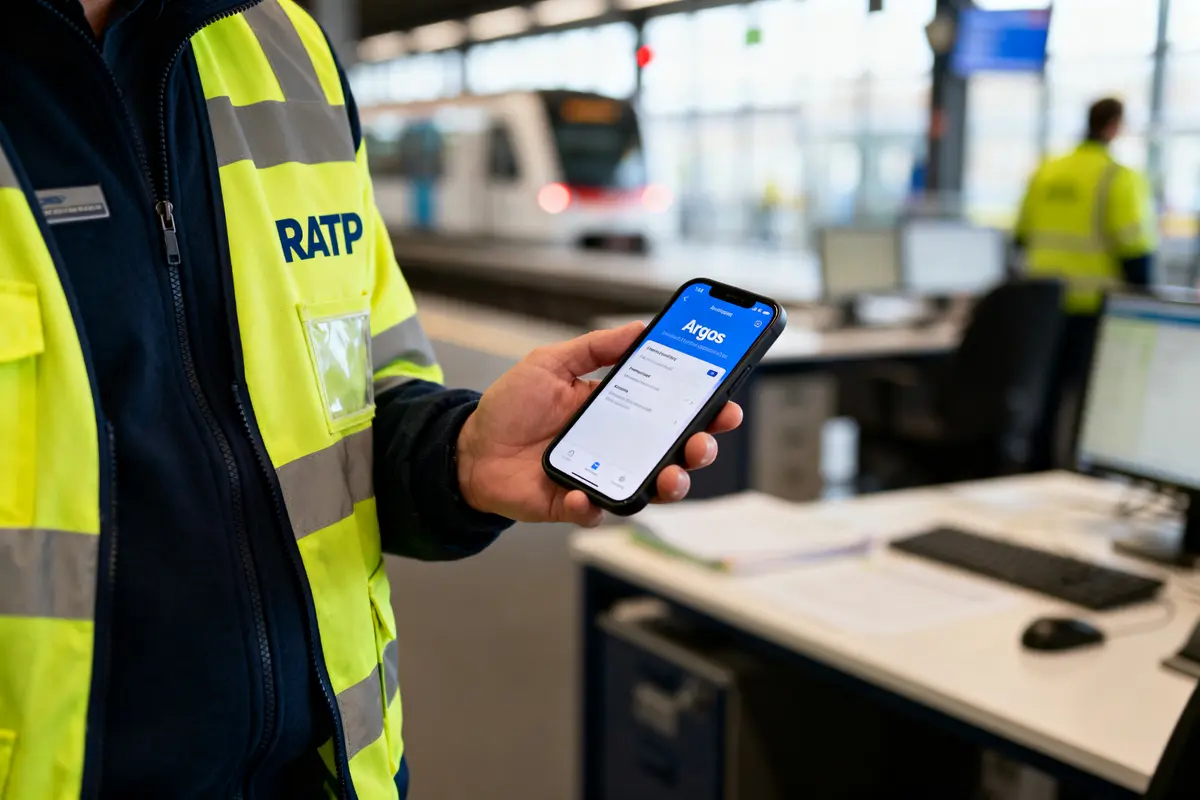 Personne en gilet RATP utilisant l'application Argos sur smartphone dans une gare ou station de transport.