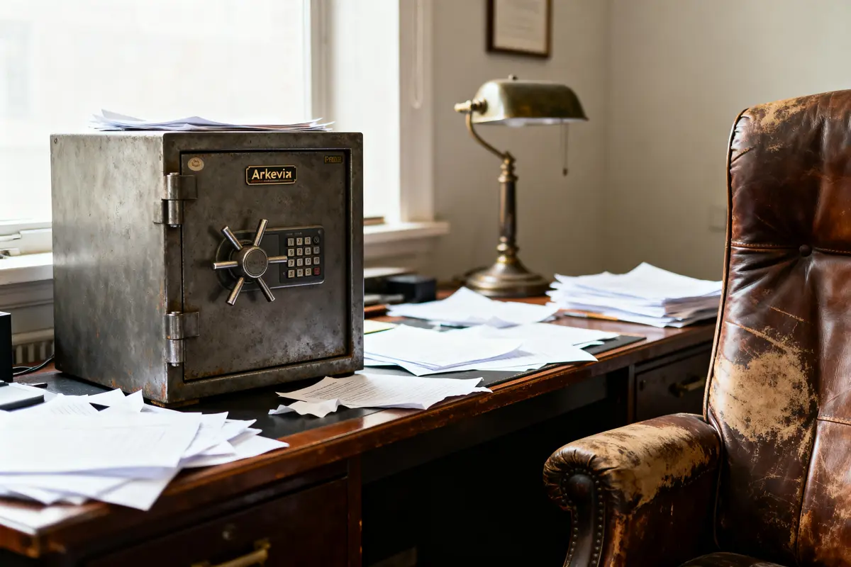 Coffre-fort sur bureau encombré de papiers, lampe de bureau, chaise en cuir vieilli, intérieur bureau.