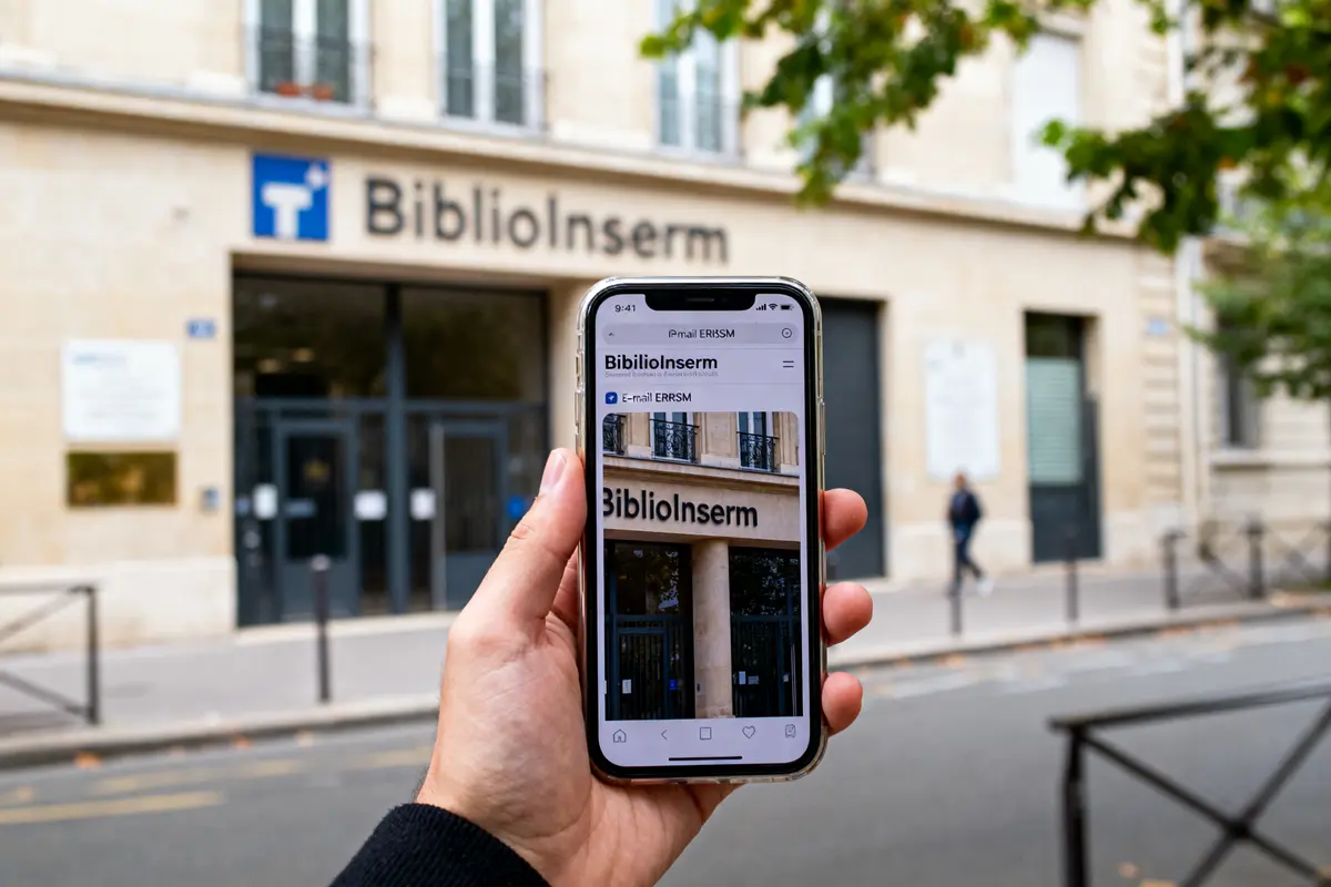 Main tenant un smartphone montrant l'entrée de BiblioInserm devant le bâtiment réel.
