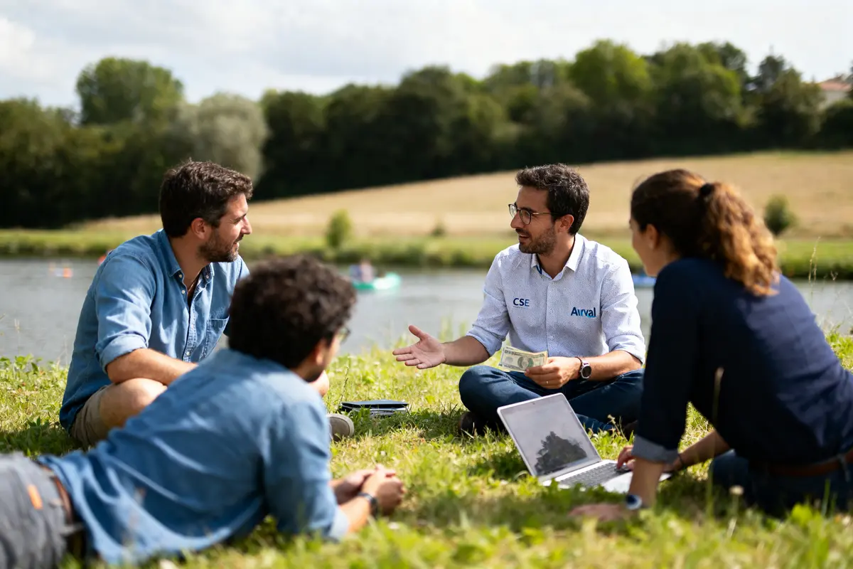 Quatre personnes discutent assises dans l'herbe près d'une rivière, un ordinateur portable visible.
