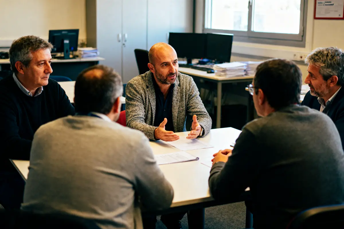 Cinq hommes en réunion autour d'une table dans un bureau. Discussion professionnelle animée.
