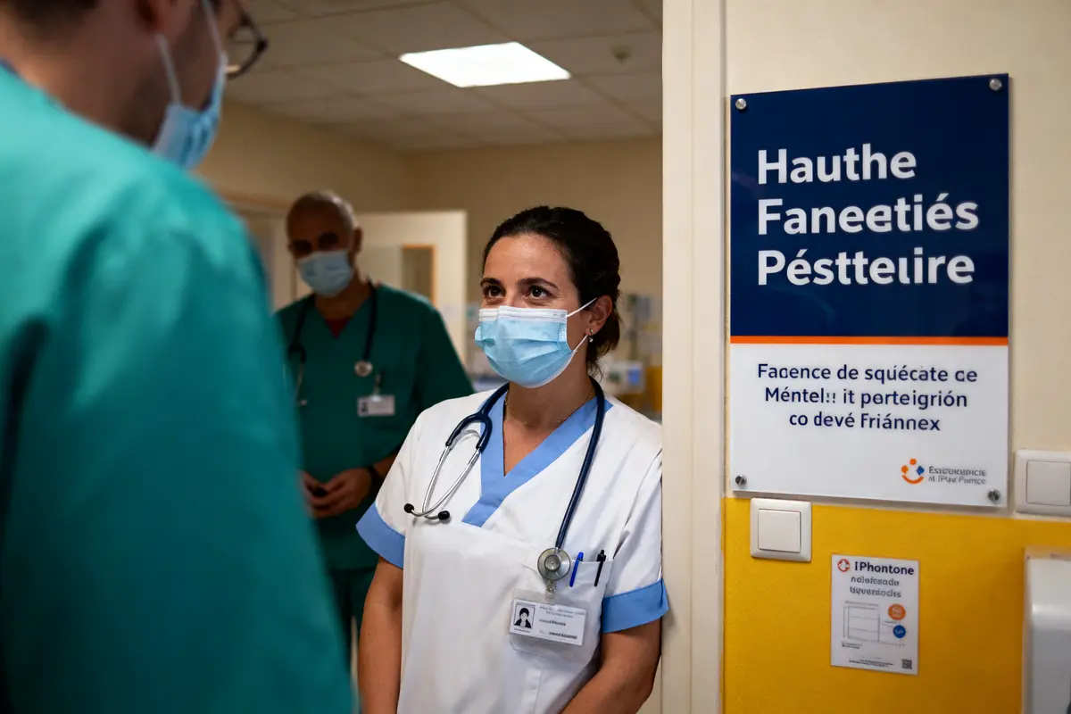 Trois professionnels de santé discutent dans un bureau d'hôpital, portant des tenues médicales.