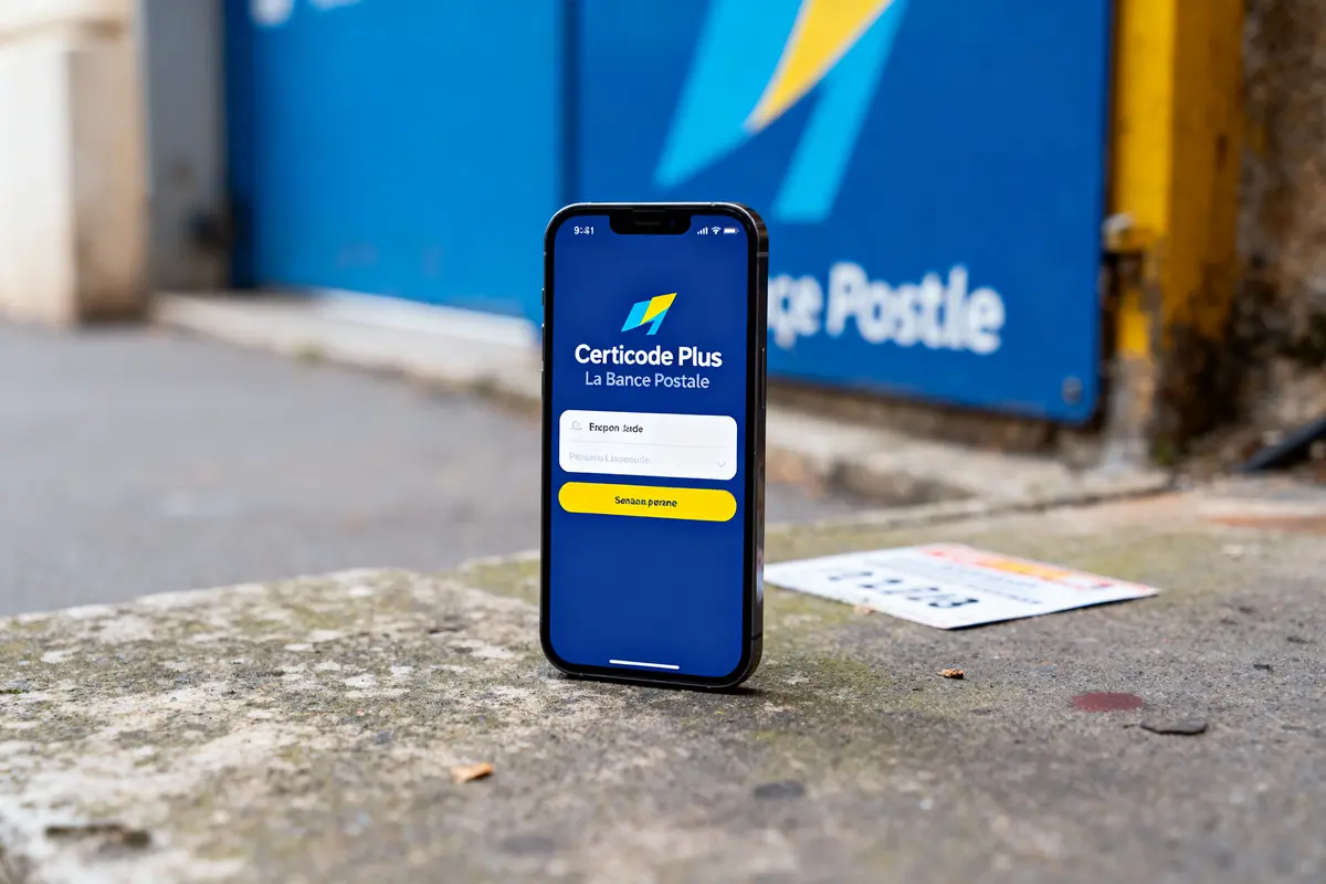 Smartphone avec l'application Certicode Plus de La Banque Postale, posé dehors sur un trottoir.