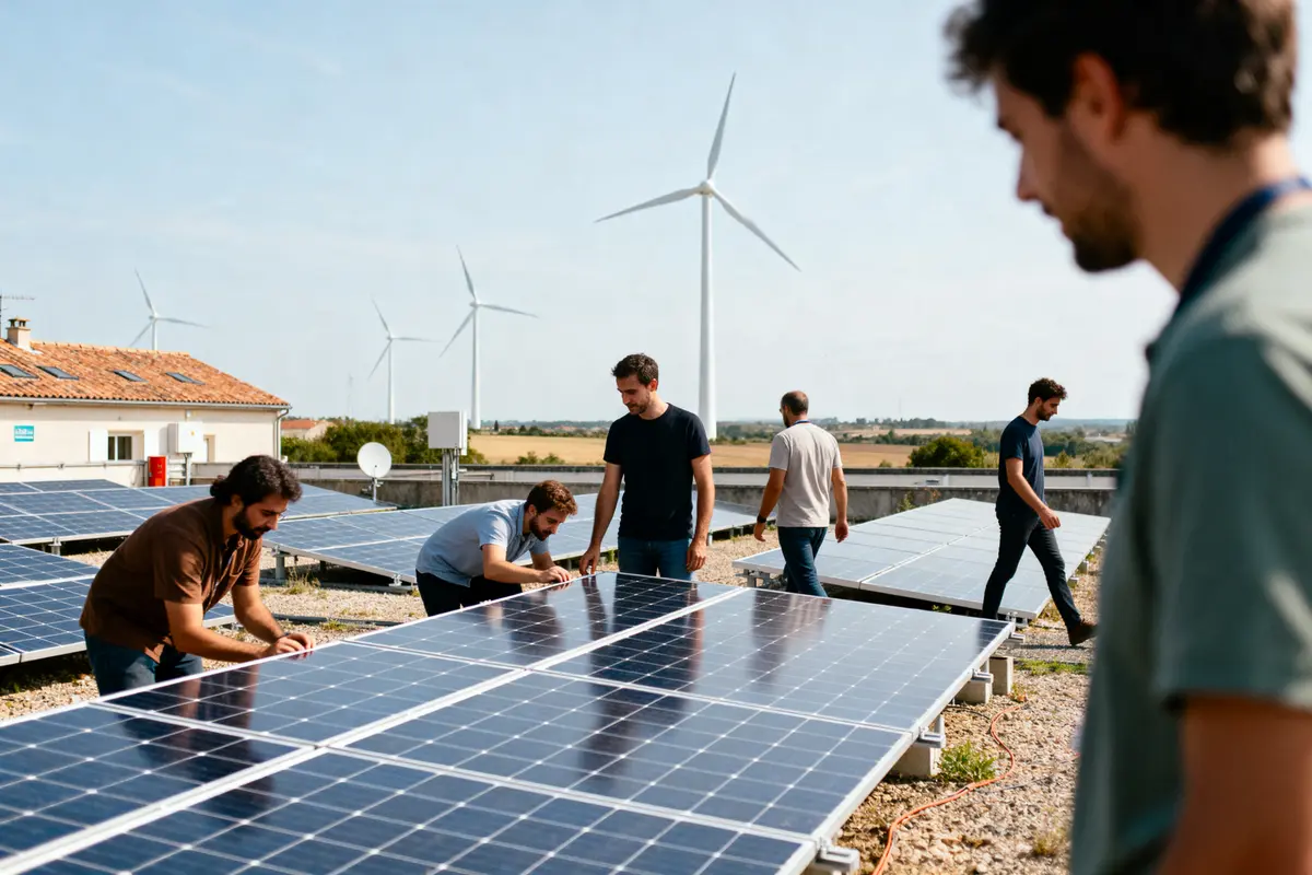 Plusieurs personnes travaillent sur des panneaux solaires avec éoliennes en arrière-plan, ciel dégagé, environnement rural.