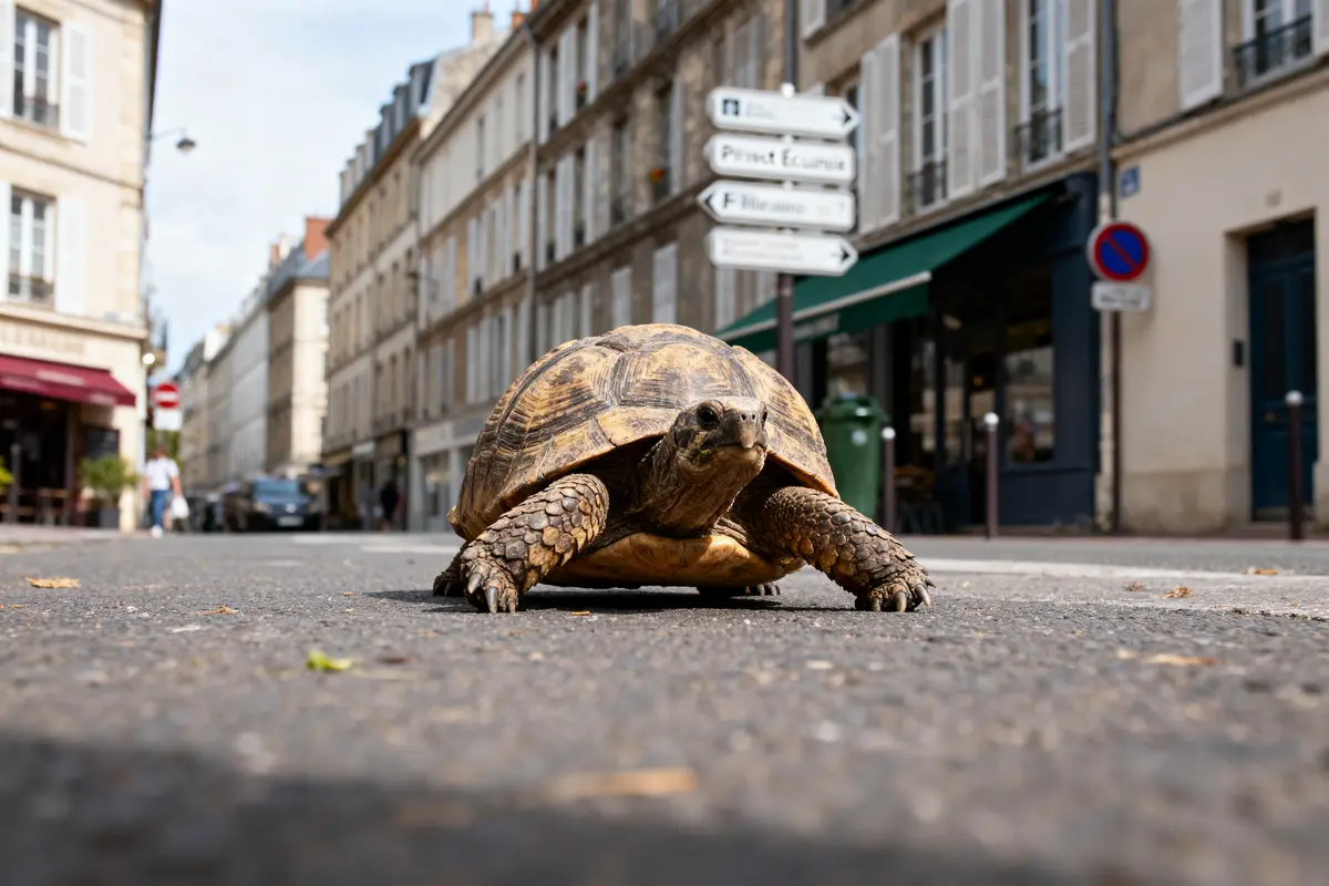 Tortue traversant une rue de ville européenne, bâtiments historiques en arrière-plan, journée ensoleillée.