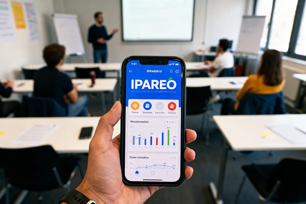Une main tient un smartphone affichant une application "IPAREO", dans une salle de classe avec un professeur.