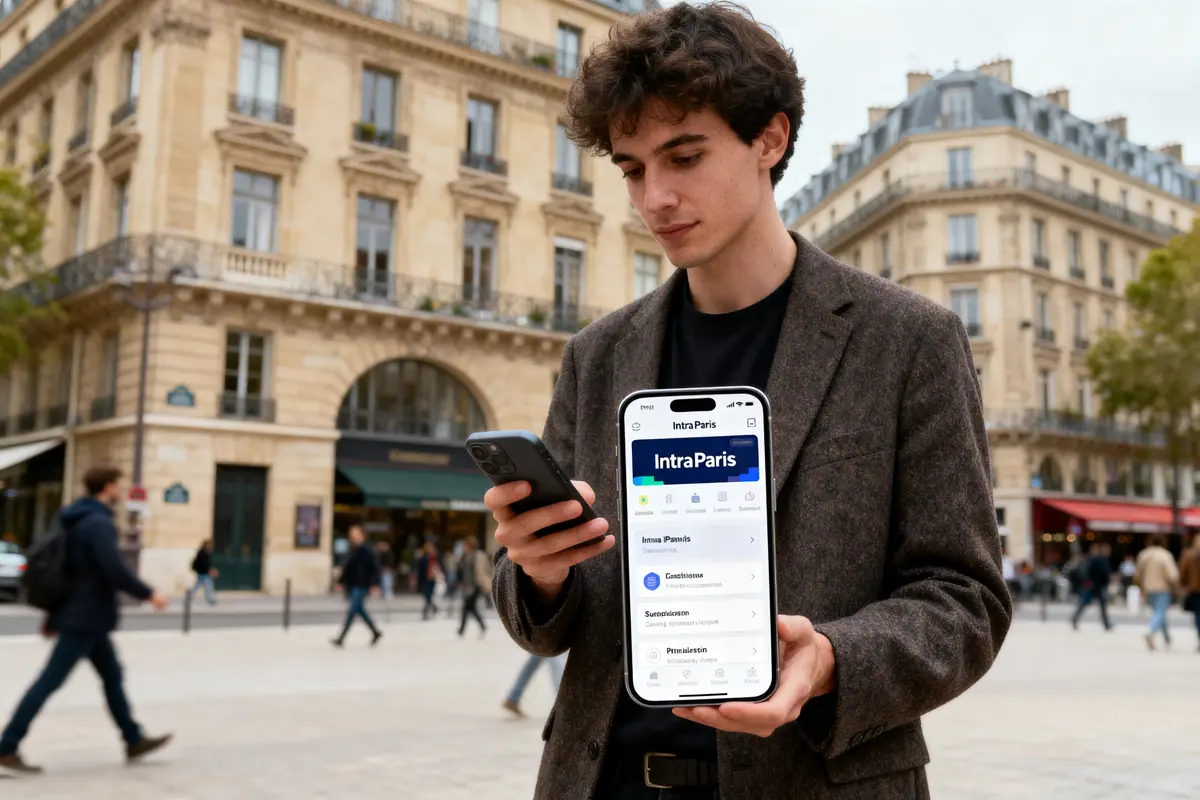 pexels-michal-pech-213601-757318 (1) Jeune homme utilisant application IntraParis sur smartphone, debout devant bâtiment parisien historique, passants en arrière-plan.