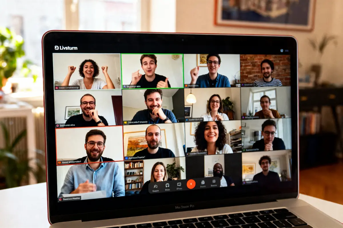 Capture d'écran d'une visioconférence avec douze personnes souriantes affichées sur un écran d'ordinateur portable.