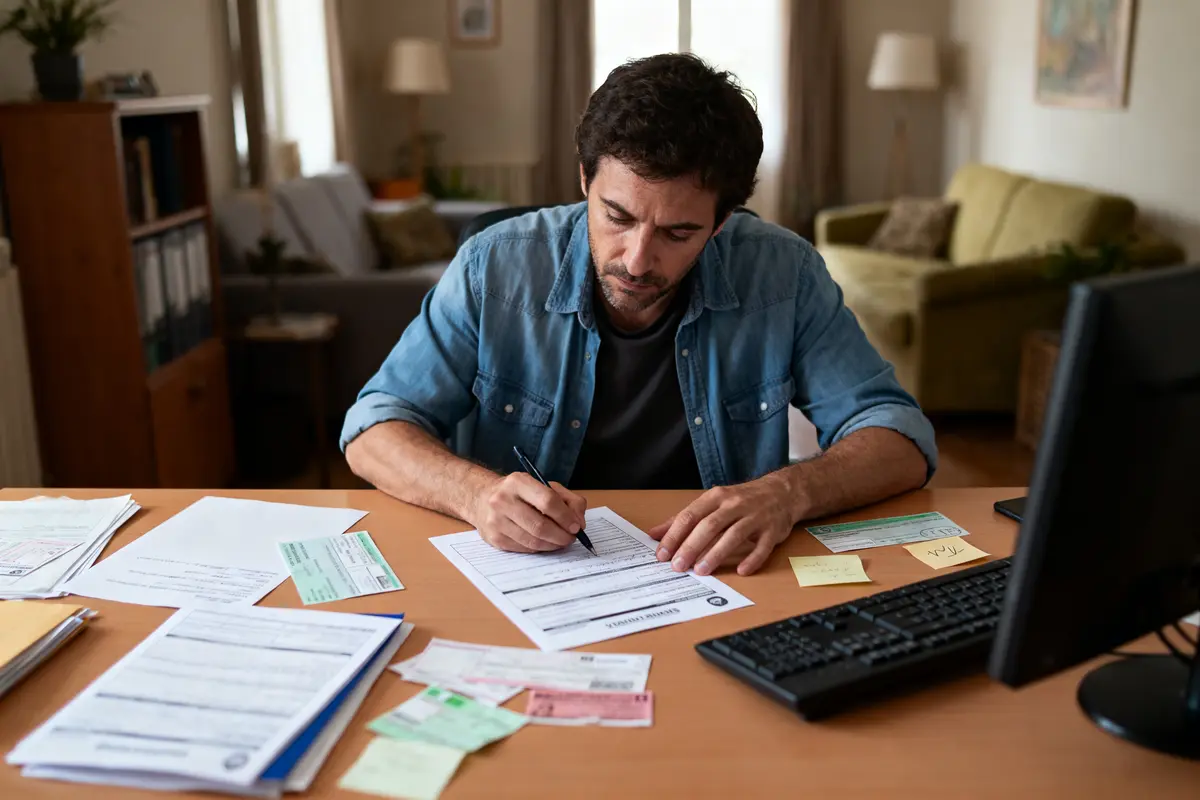 Homme concentré remplissant des documents à un bureau, intérieur de salon.