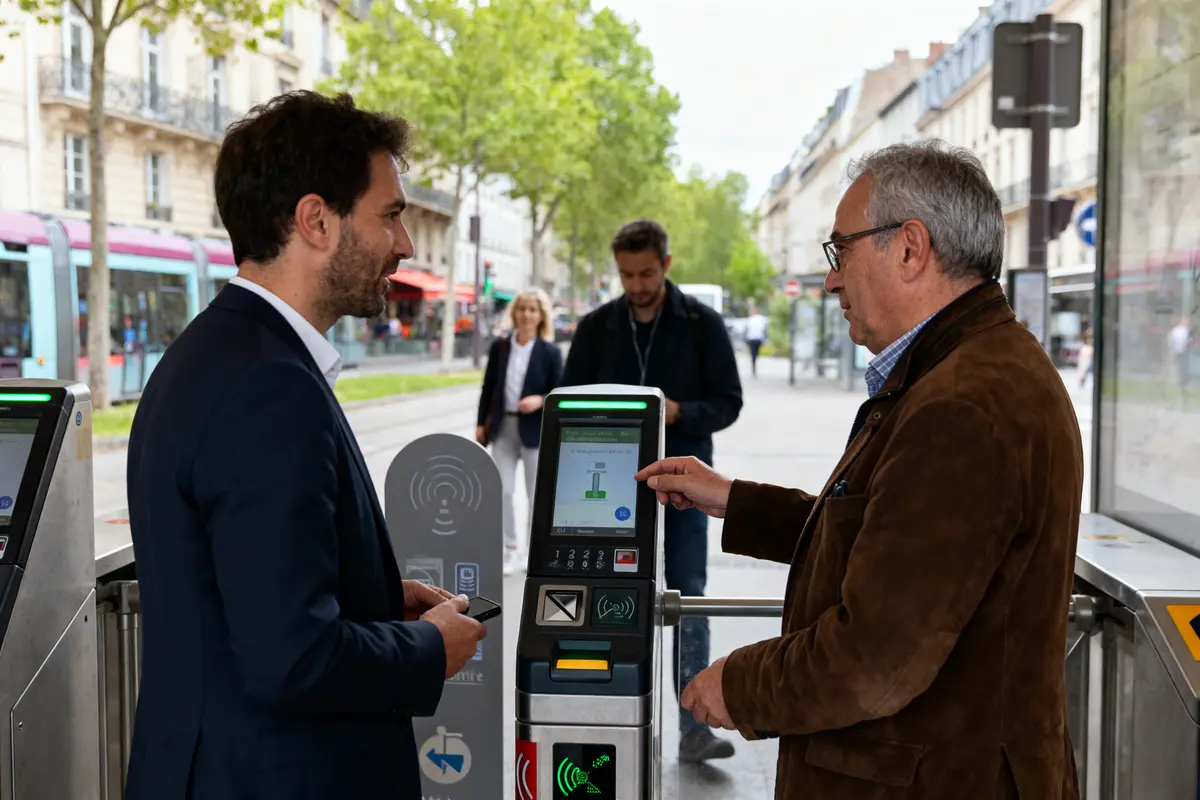 pexels-michal-pech-213601-757318 (1) Deux hommes discutant près d'une borne de validation de tickets de transport urbain en extérieur.