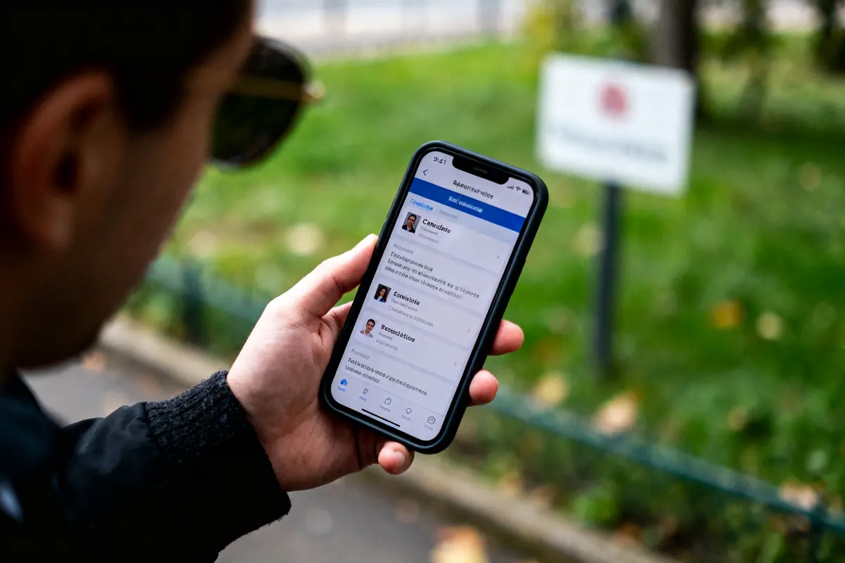 Personne utilisant un smartphone pour consulter LinkedIn, fond flou verdoyant et panneau partiellement visible.