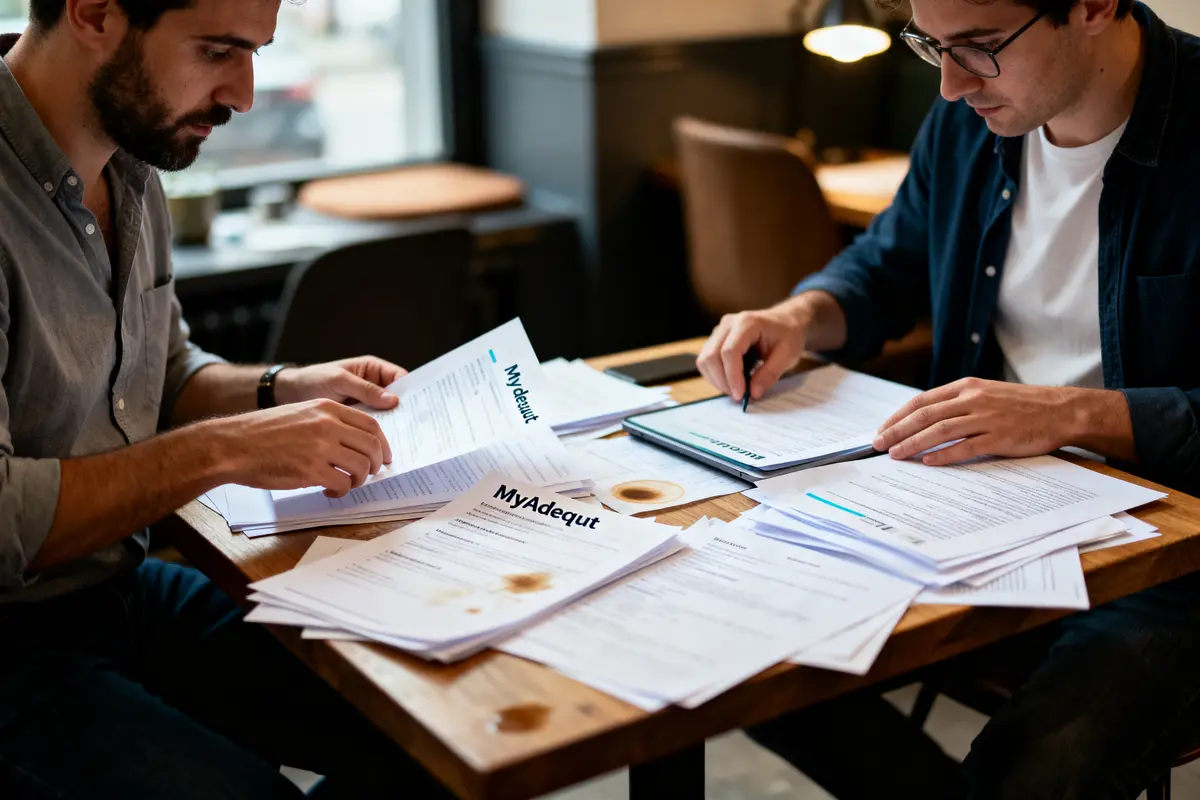Deux personnes examinent des documents "MyAdequt" et "Résumé" dans un café sur une table en bois.