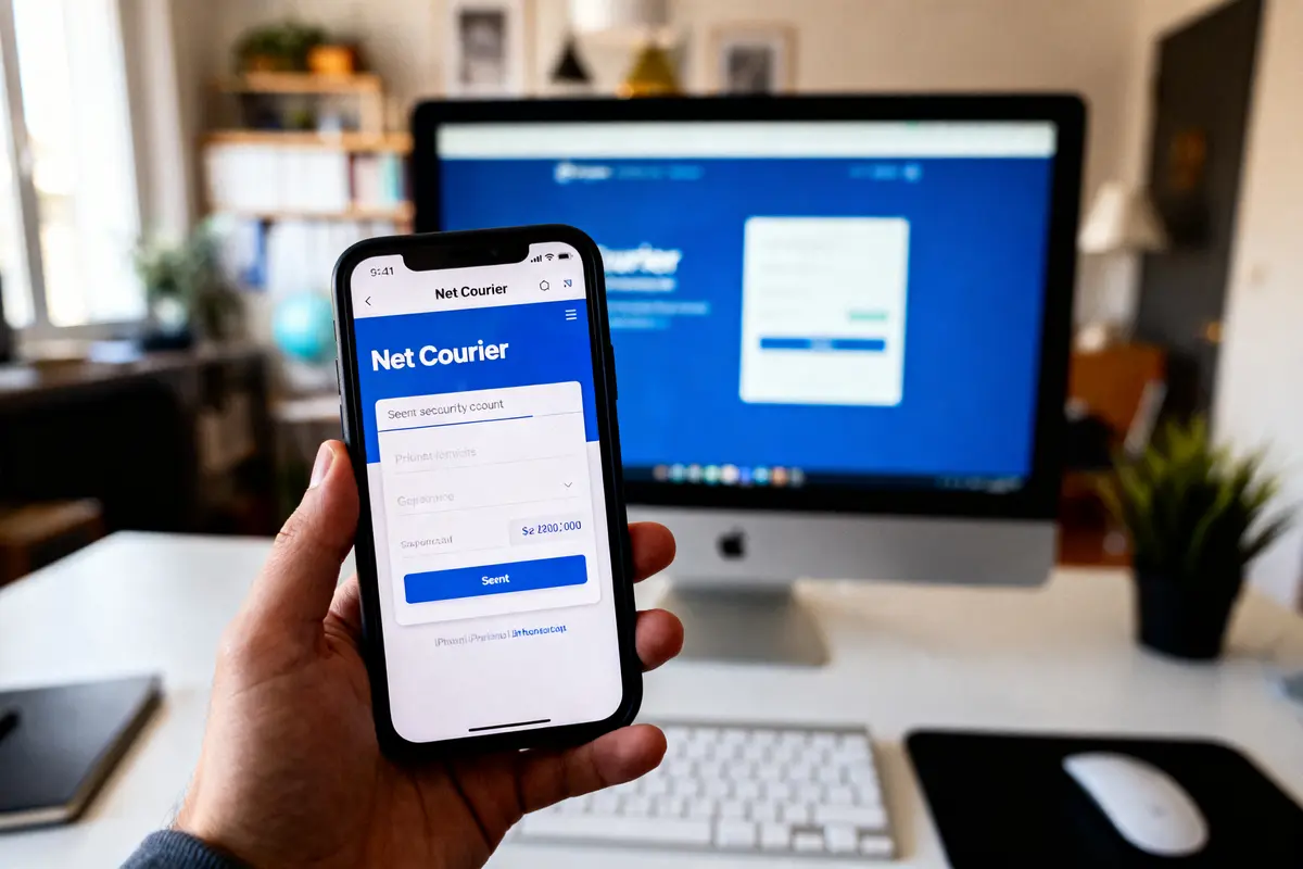 Smartphone avec application "Net Courier" devant un écran d'ordinateur, bureau moderne en arrière-plan flou.