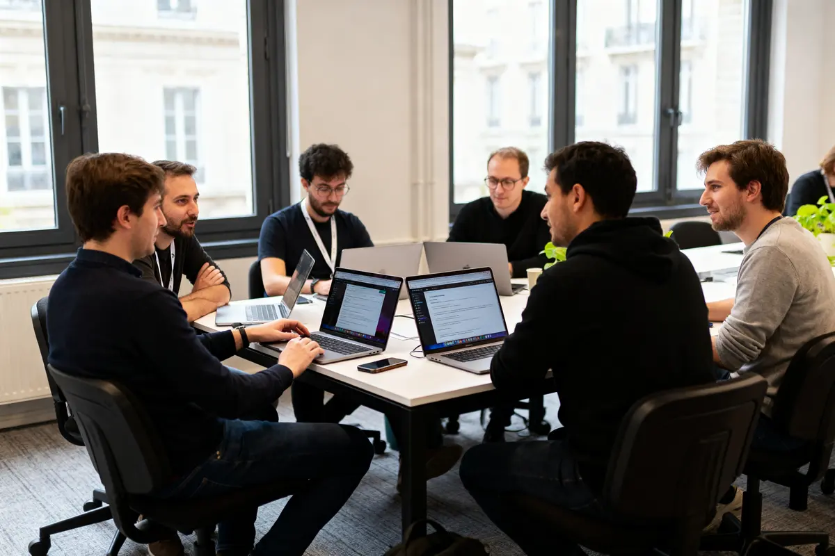 Groupe de personnes travaillant ensemble autour d'une table avec des ordinateurs portables dans un bureau.