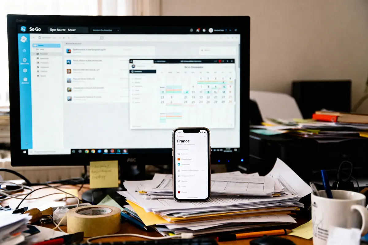 Bureau encombré avec ordinateur affichant calendrier et smartphone posés sur des piles de documents.