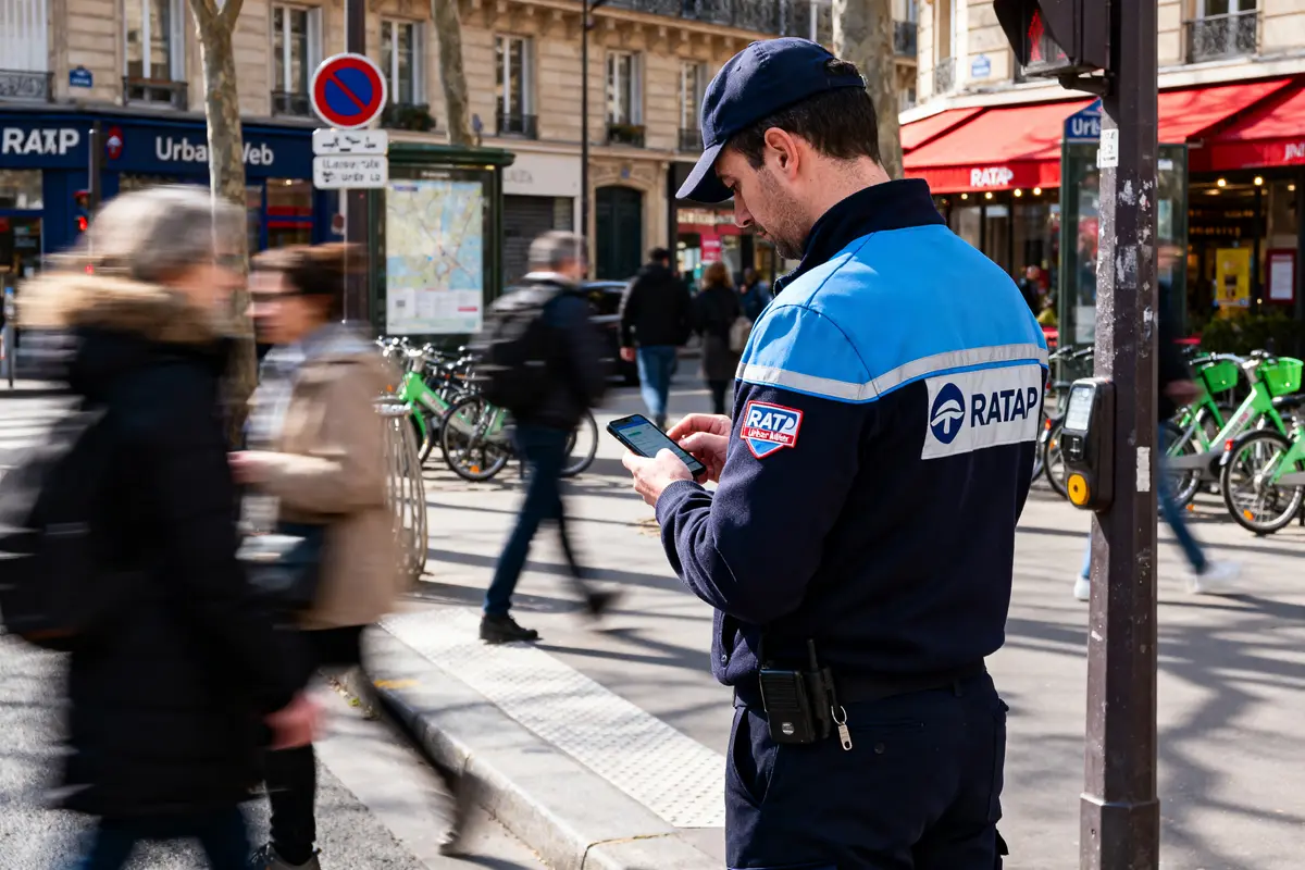 Agent en uniforme RATAP vérifie son téléphone sur un trottoir animé en ville, France.