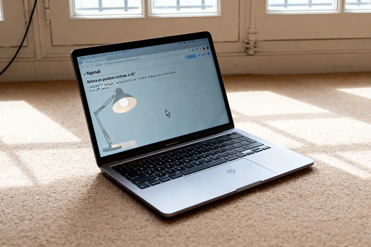 Ordinateur portable MacBook avec écran allumé, posé sur moquette, à côté de fenêtres ensoleillées.