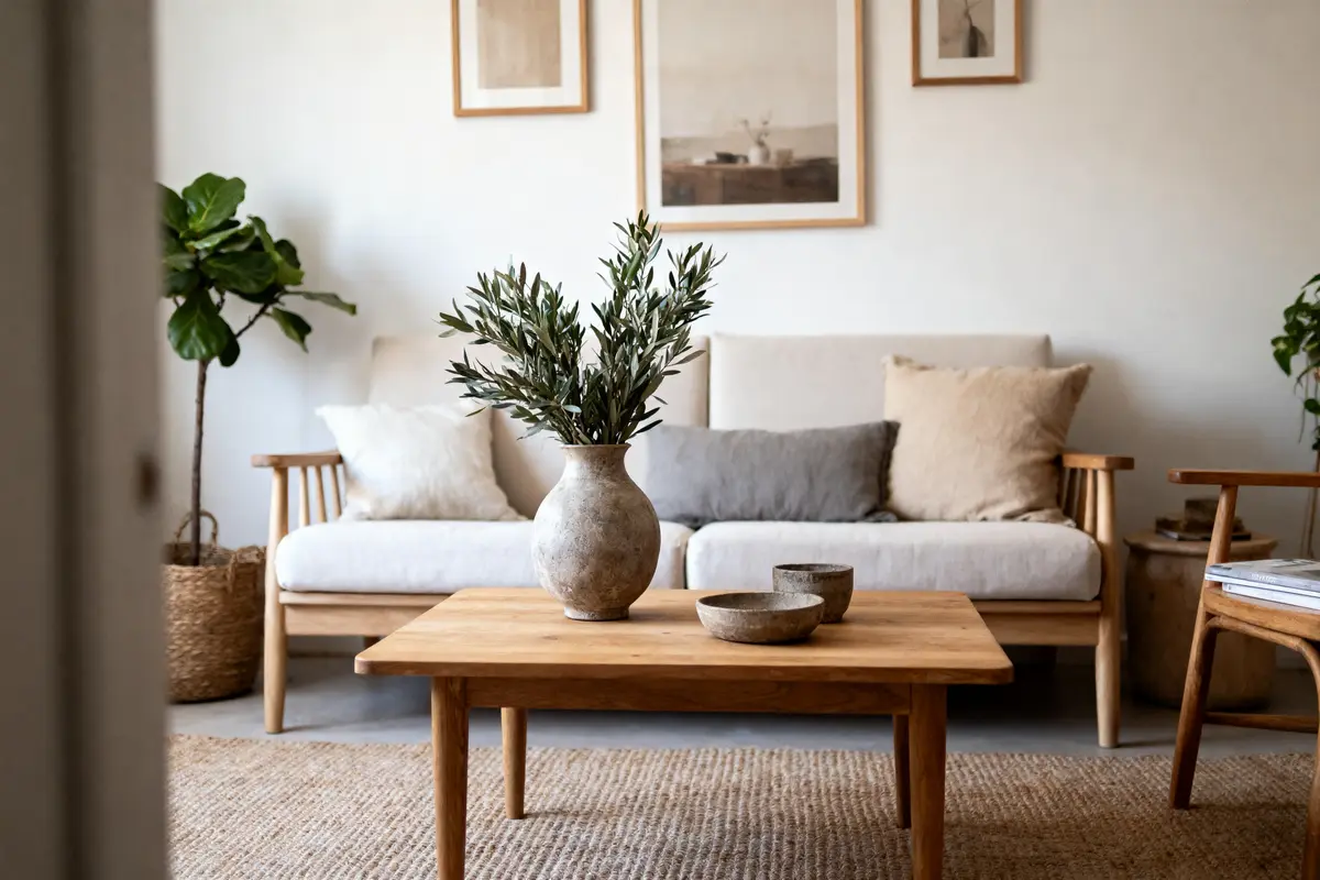 Salon moderne et épuré avec mobilier en bois, plantes, canapé beige, table basse et œuvres d'art murales.