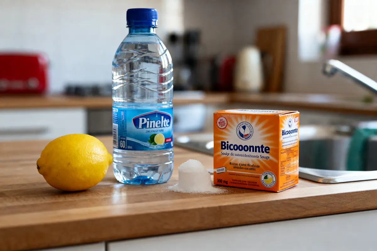 Une bouteille d'eau, un citron et une boîte de bicarbonate posés sur un comptoir de cuisine.