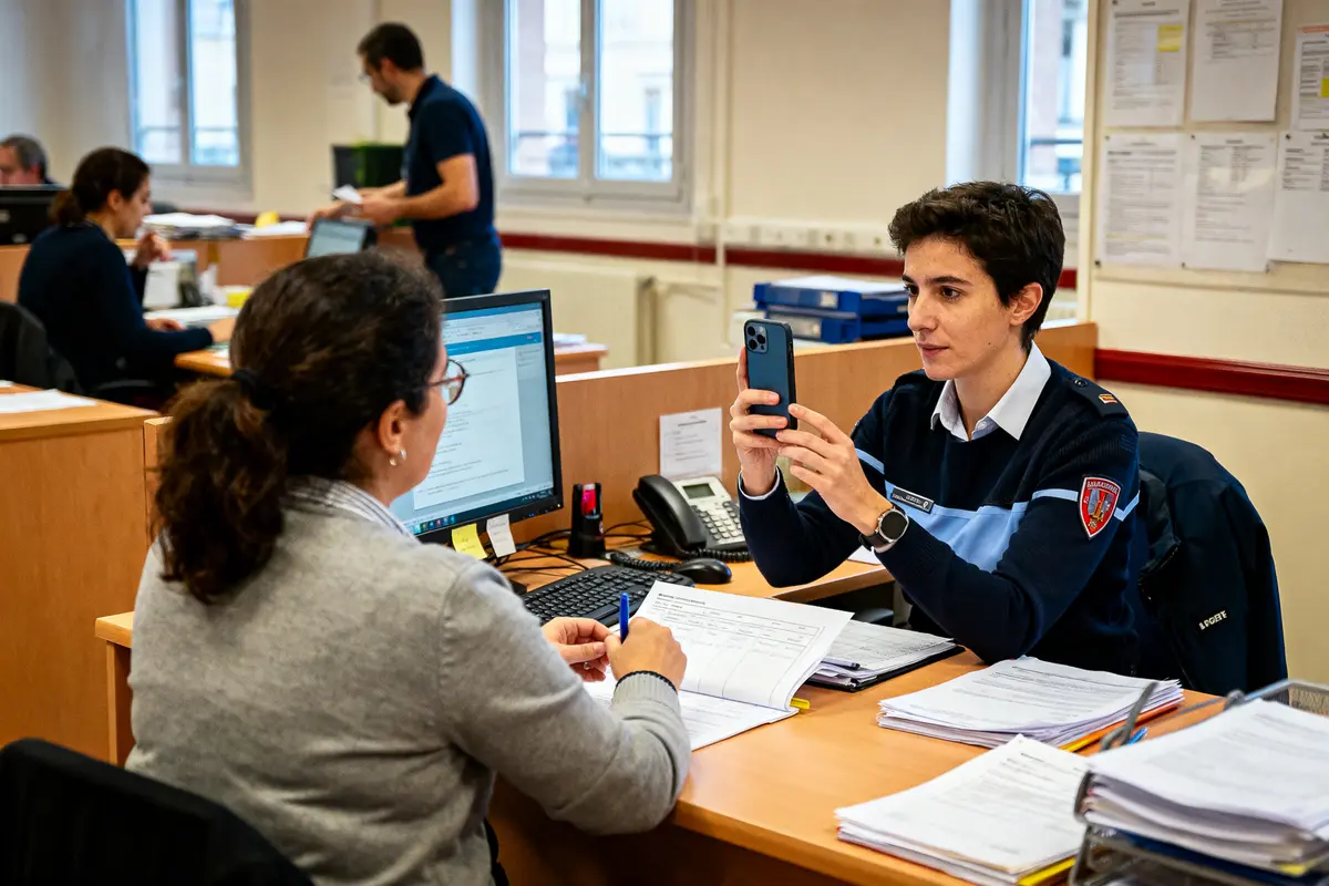 Deux personnes discutent dans un bureau, l'une en uniforme utilise un téléphone.