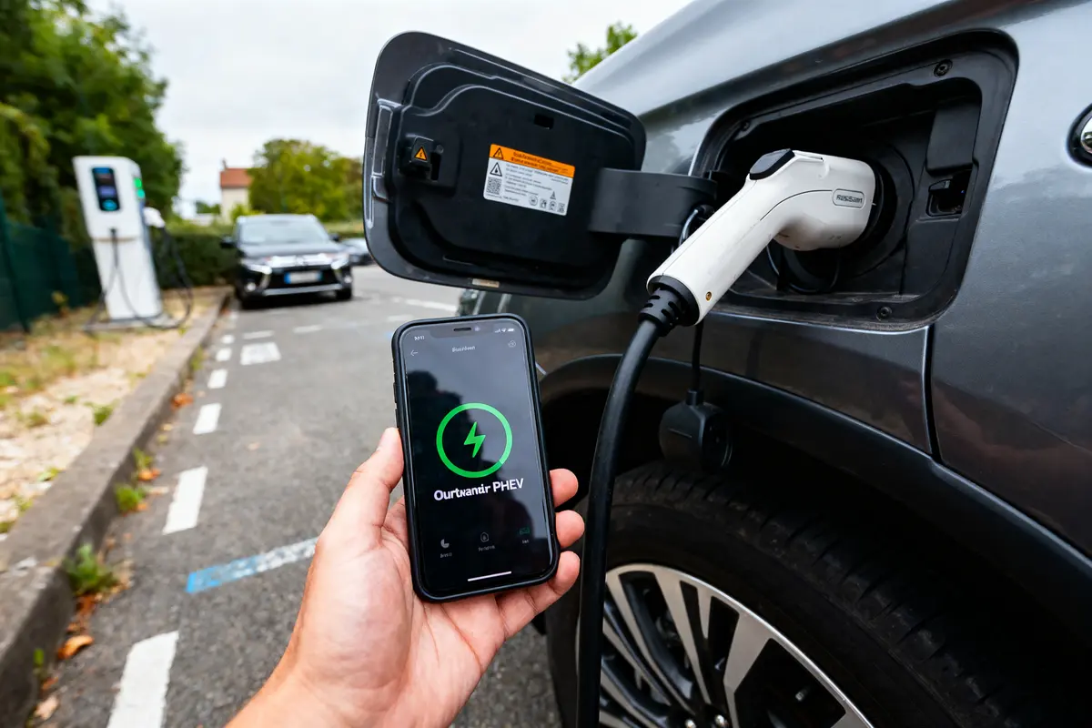 Voiture hybride rechargeable, câble de chargement connecté, smartphone affichant charge active, rue urbaine, borne de recharge visible.