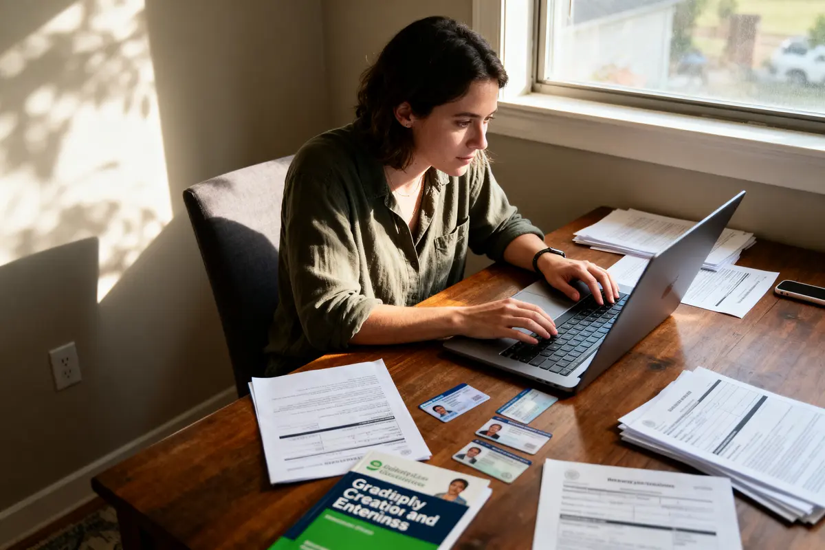 Personne travaillant sur un ordinateur portable entouré de documents et de cartes d'identité sur une table en bois.