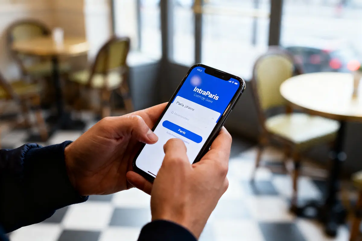 Personne utilisant une application "IntraParis" sur smartphone dans un café aux tables rondes et carrelage noir et blanc.