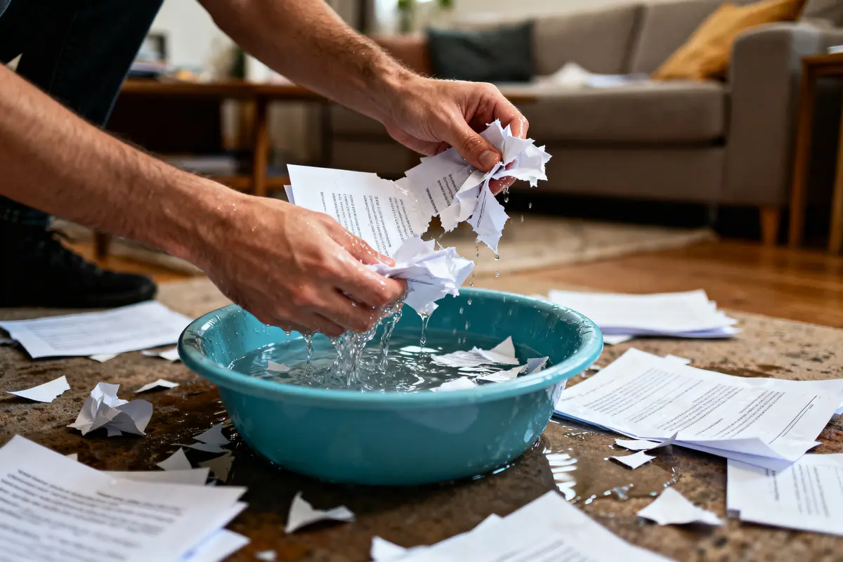 Personne déchire des documents dans un bol d'eau, pages éparpillées sur le sol d'un salon.