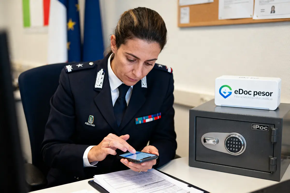 Officier de police en uniforme, utilisant un smartphone, près d'un coffre-fort et d'une boîte "eDoc pesor".