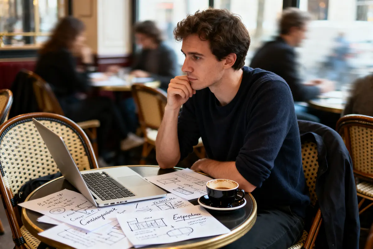 Homme réfléchissant, assis à un café avec ordinateur portable, croquis et café sur la table.