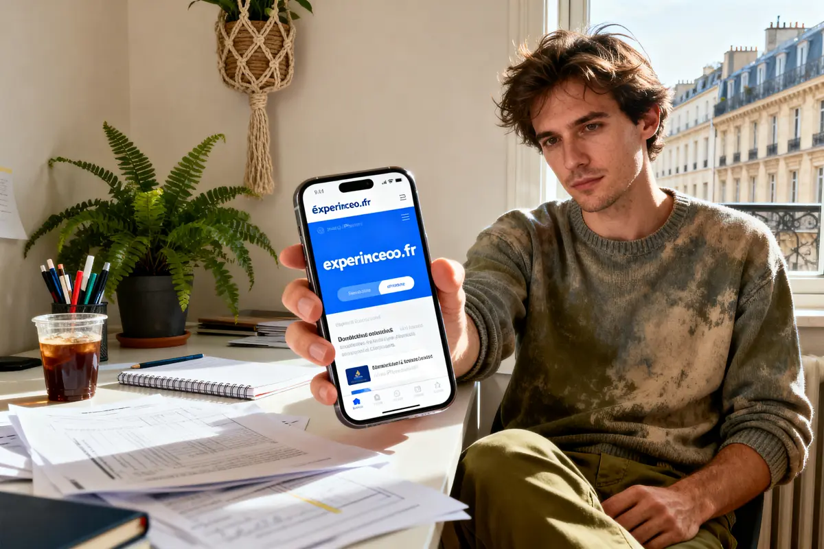 Homme assis montre un smartphone avec site “experinceo.fr”, bureau avec plante verte, carnets et boisson.