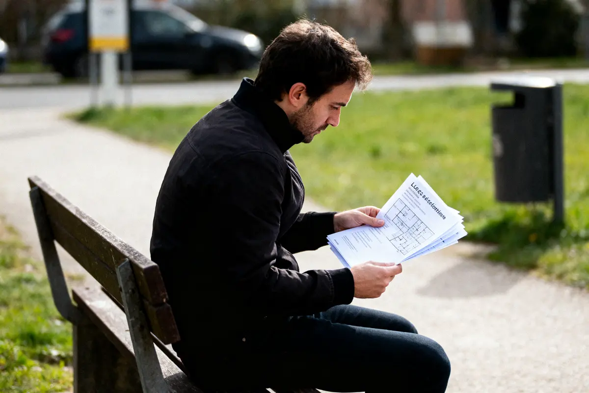 Un homme assis sur un banc lit des documents dans un parc.