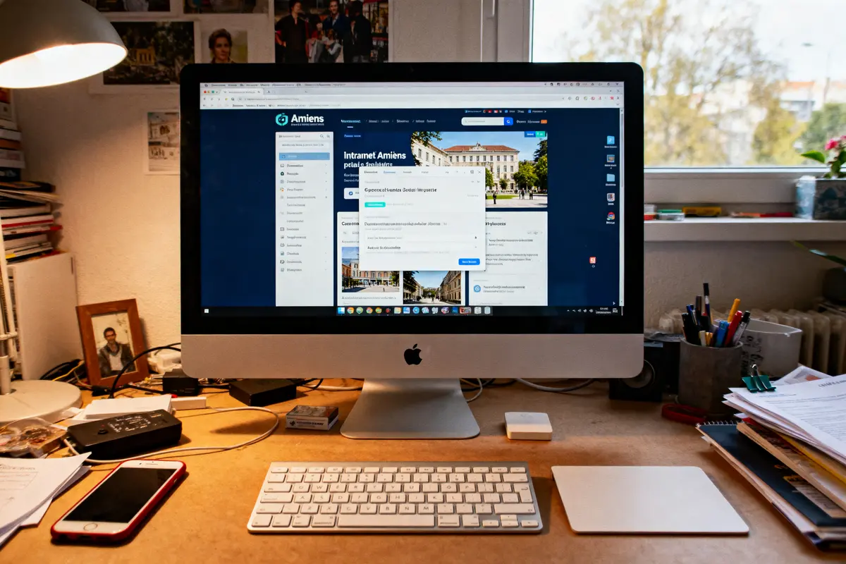 pexels-michal-pech-213601-757318 (1) Bureau avec ordinateur affichant l'intranet d'Amiens, entouré de fournitures de bureau et téléphone sur le côté.