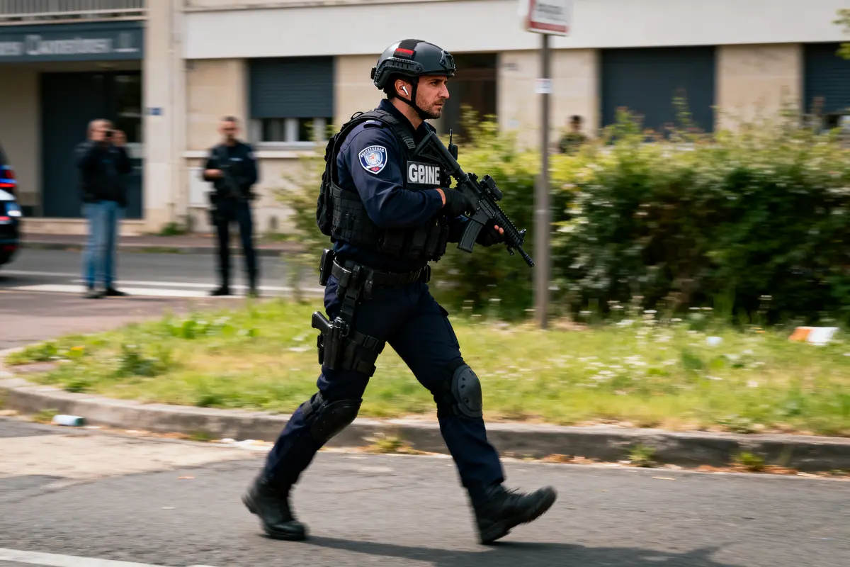 Un policier en uniforme lourd court en extérieur, tenant une arme, avec des gens en arrière-plan.
