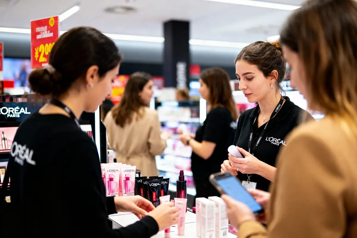 pexels-michal-pech-213601-757318 (1) Personnes dans une boutique L'Oréal analysant des produits cosmétiques, avec des affiches de prix rouges visibles.