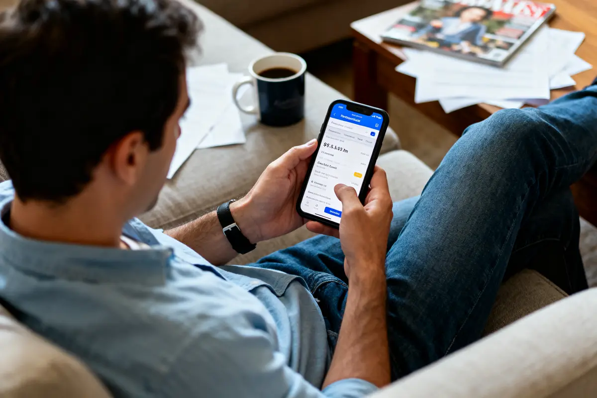 Homme consultant une application bancaire sur smartphone, assis sur un canapé, avec café et magazines.