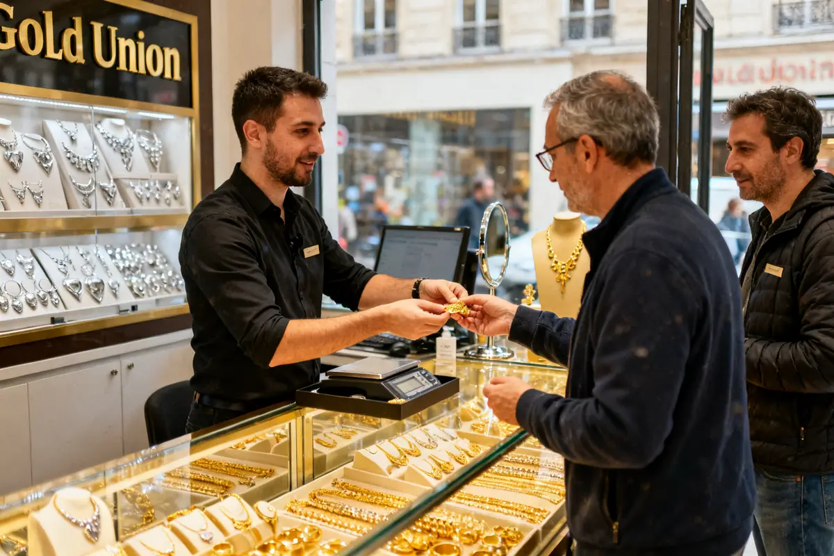 pexels-michal-pech-213601-757318 (1) Un vendeur GoldUnion présente des bijoux en or à un client au comptoir.