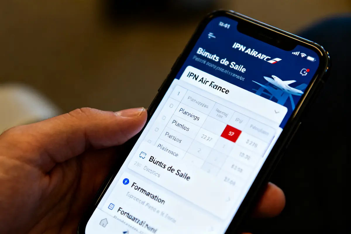 Main tenant un téléphone affichant l'application IPN Air France avec tableau de suivi de vol