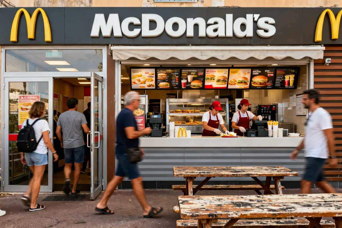 Personnes entrant et sortant d'un Mac Donald Corse avec personnel derrière le comptoir