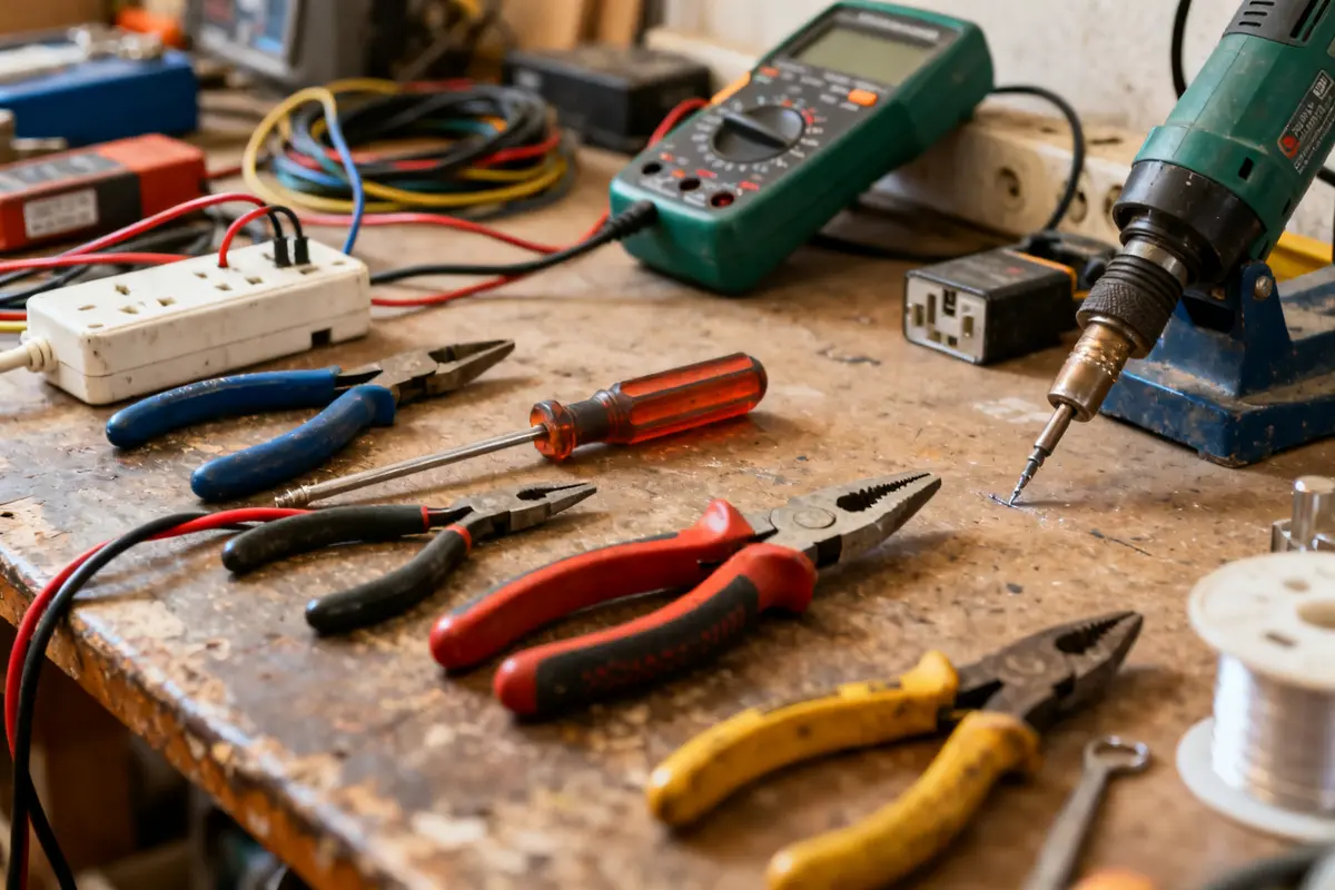 Outils de bricolage sur établi avec perceuse et multimètre liste d’outils mon-club-elec.fr