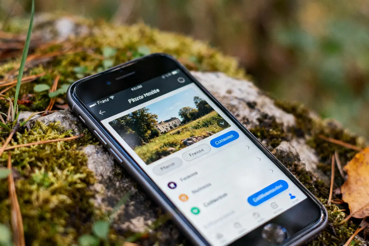 Smartphone affichant une image de paysage avec logiciel pour diaporama sur un rocher mousseux
