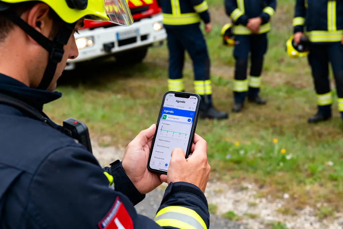 pexels-michal-pech-213601-757318 (1) Pompier utilisant l'application Agendis sur smartphone, avec collègues et camion en arrière-plan