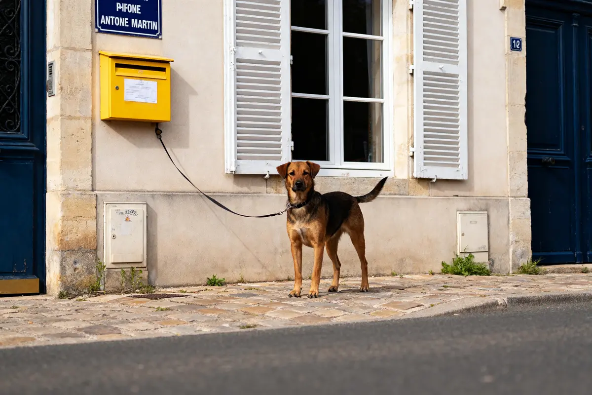 pexels-michal-pech-213601-757318 (1) Un chien attaché devant un bâtiment portant la plaque Antoine Martin