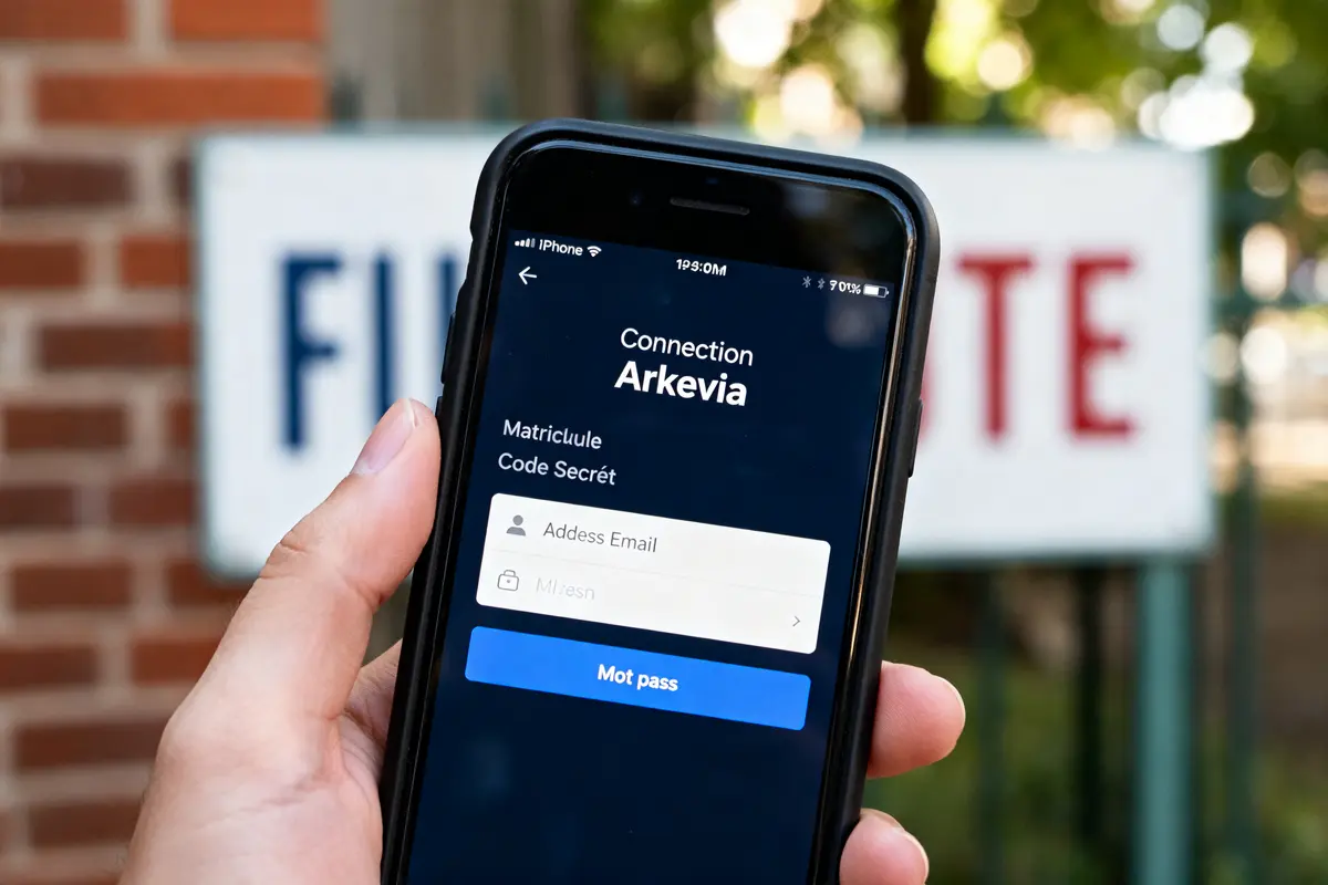 Main affichant l'application Arkevia connexion sur téléphone en extérieur devant un panneau flou